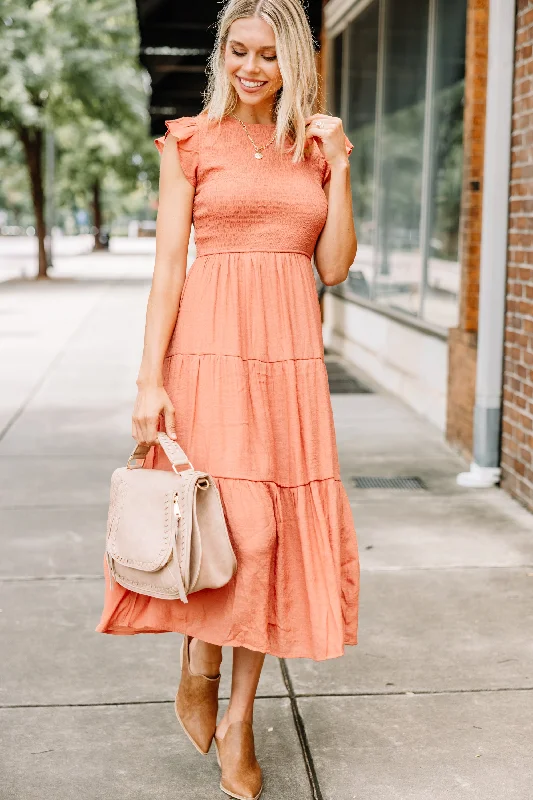 Learn To Love Sienna Orange Smocked Midi Dress