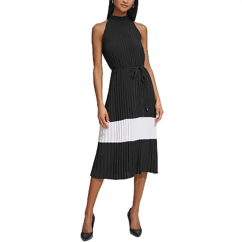 Karl Lagerfeld Paris Womens Pleated Smocked Neck Midi Dress