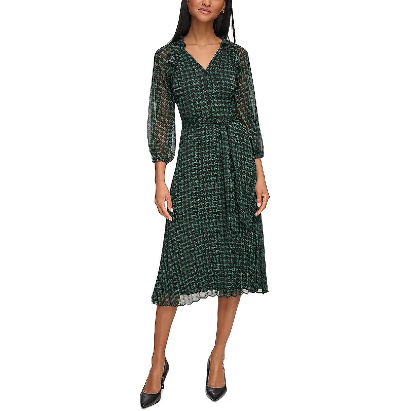 Karl Lagerfeld Paris Womens Chiffon Houndstooth Midi Dress