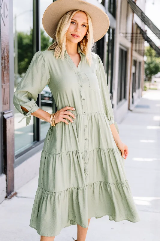 Leading Back To You Sage Green Tiered Midi Dress