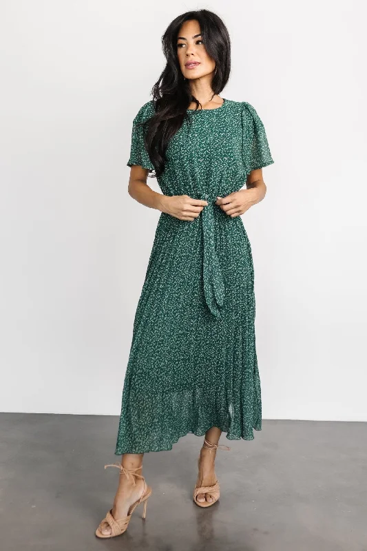 Prim Pleated Dress | Green Print