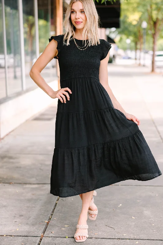 Learn To Love Black Smocked Midi Dress