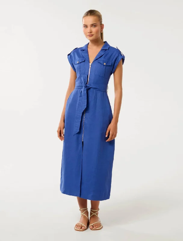 Alison Linen Front Pocket Zip Utility Midi Dress