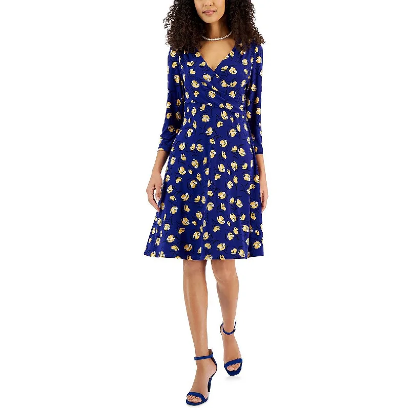 Kasper Womens Printed Surplice Midi Dress