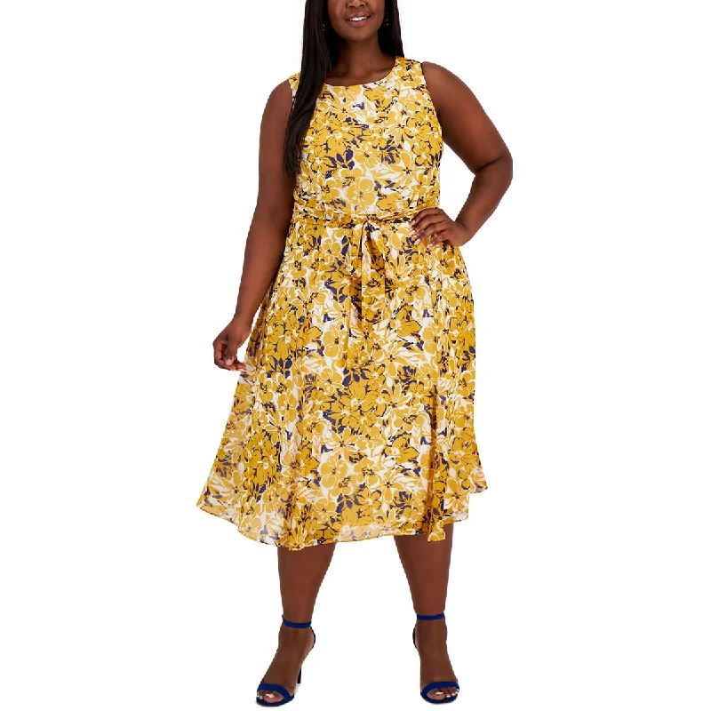 Kasper Womens Plus Floral Belted Midi Dress