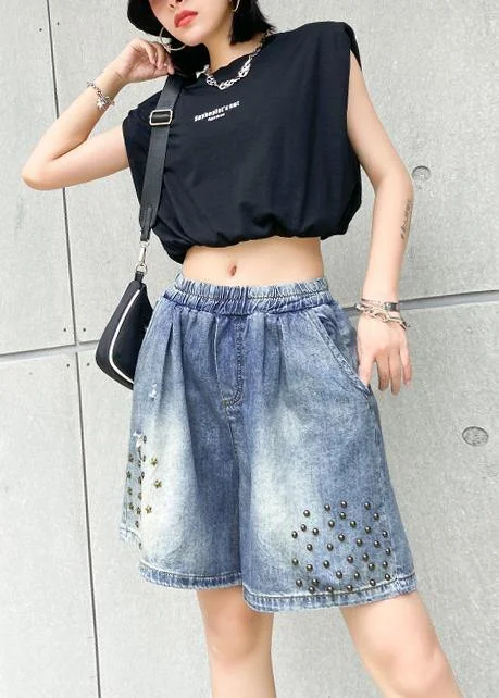 Women's loose straight denim blue shorts large size thin section rivet hole five-point pants