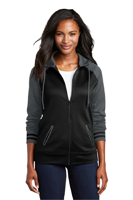 Sport-Tek Womens Sport-Wick Moisture Wicking Fleece Hooded Sweatshirt Hoodie w/ Pockets - Black/Dark Smoke Grey