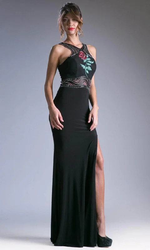 Ladivine 71041-1 - Rose Detail High Slit Trumpet Evening Dress