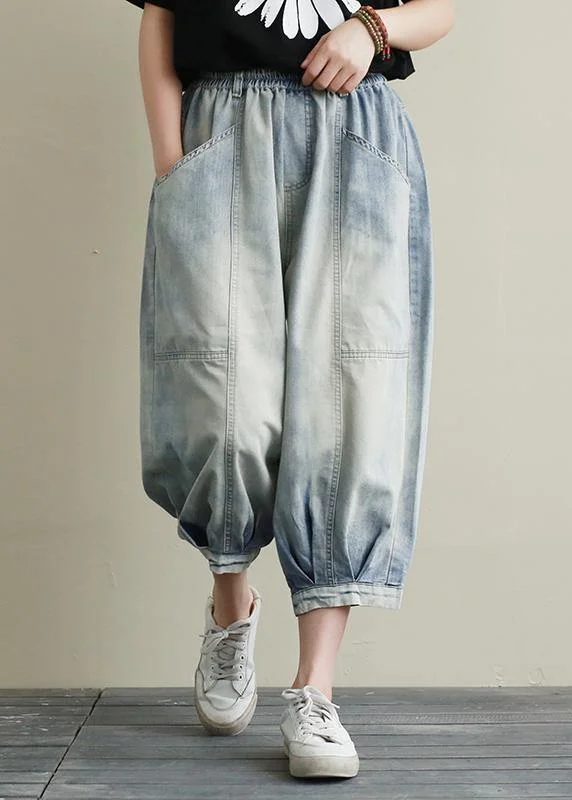 Summer new cropped denim bloomers women loose large size blue harem pants