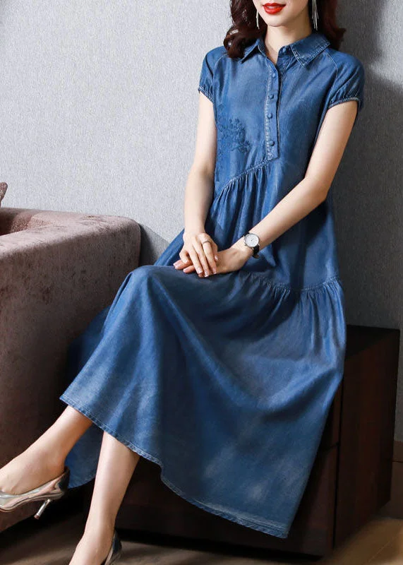 Italian Blue Embroideried Patchwork Exra Large Hem Denim Dress Summer