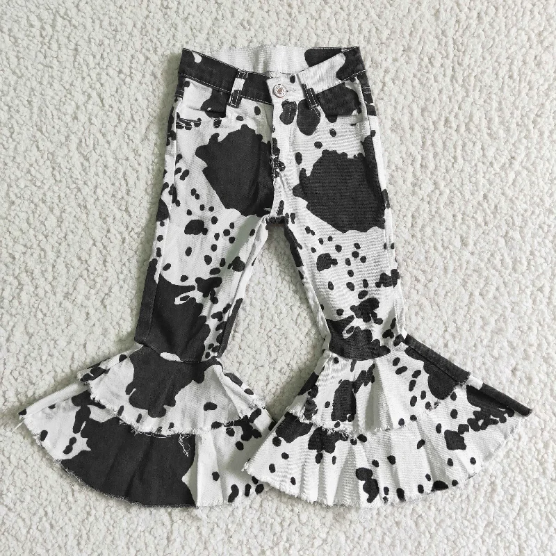 P0001 new arrival girl milk cow print jeans kids high quality double ruffle flare pants