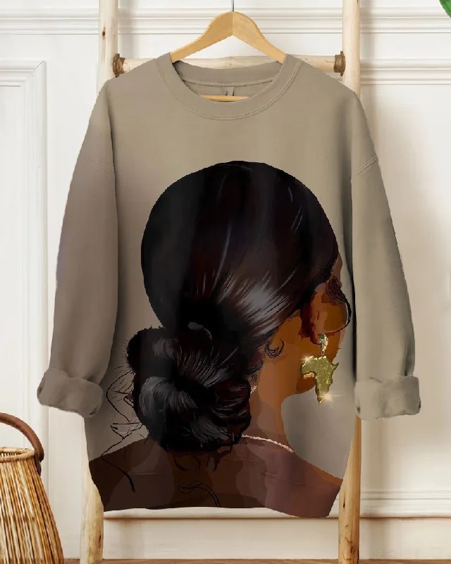 Africa Map Earrings Brown Women Long Sleeve Sweatshirt