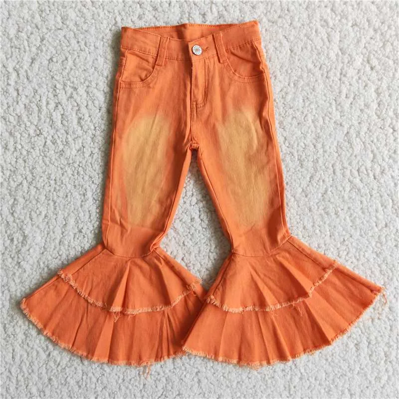 girl orange color washed jeans with zipper