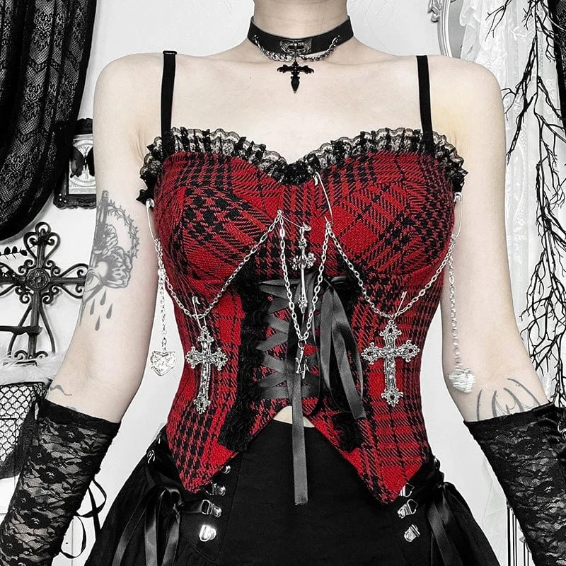 Women's Gothic Chain Plaid Tank Top Black Red