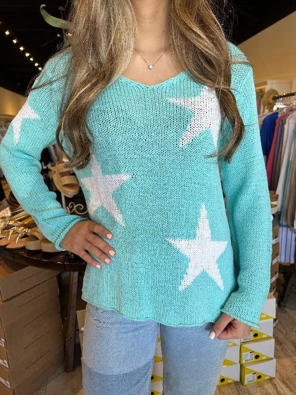 Wooden Ships Hailey Star V Cotton Sweater Surf Jack Aqua/Breaker White