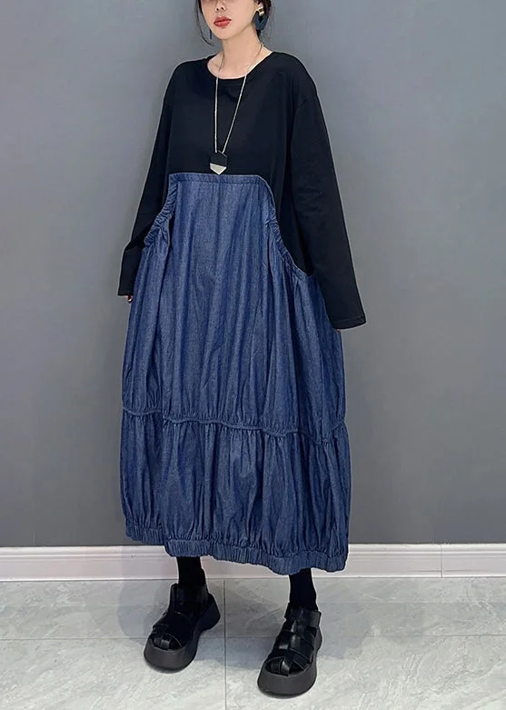 Casual Colorblock Oversized Patchwork Wrinkled Denim Dress Spring