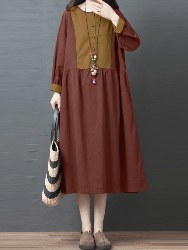 Women Contrast Patchwork Button Front Casual Long Sleeve Maxi Shirt Dresses