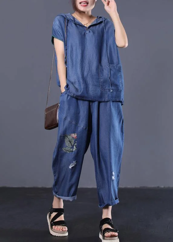 denim blue vintage cotton two pieces hooded short sleeve tops and patchwork pants