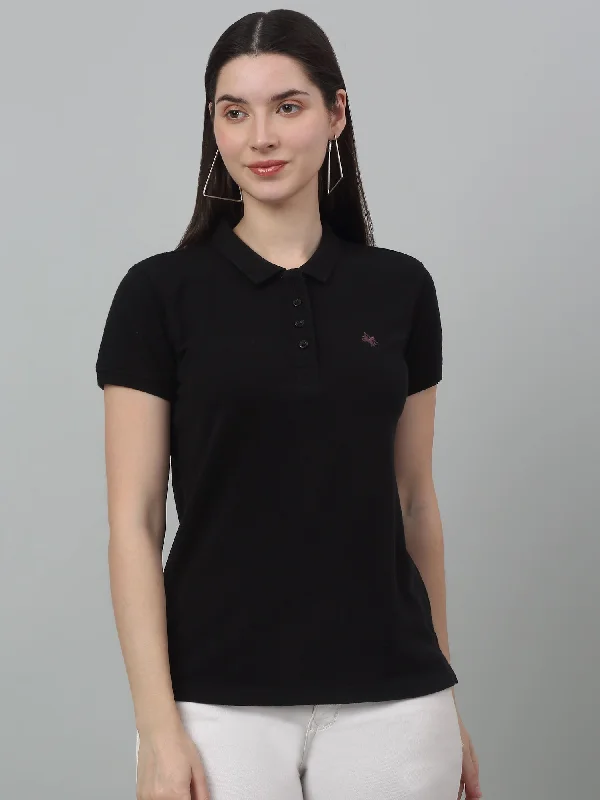 Women's Casual Regular Short Sleeve Black Polo neck  T-Shirt