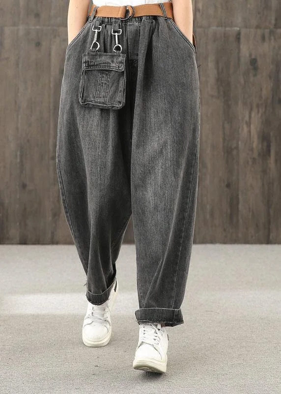 Washed denim black autumn casual trousers loose harem pants