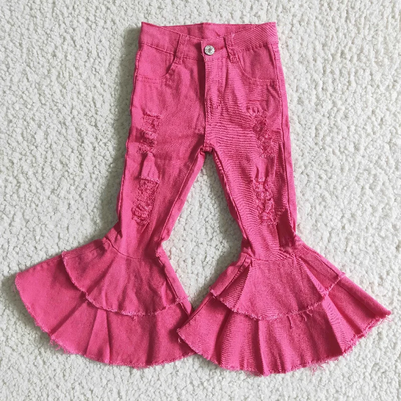 D14-14 fashion girl rose red solid color jeans  babys high quality double ruffle bell bottoms