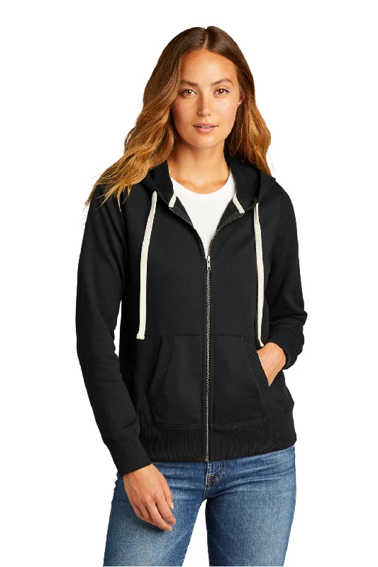 District Womens Re-Fleece Full Zip Hooded Sweatshirt Hoodie w/ Pockets - Black