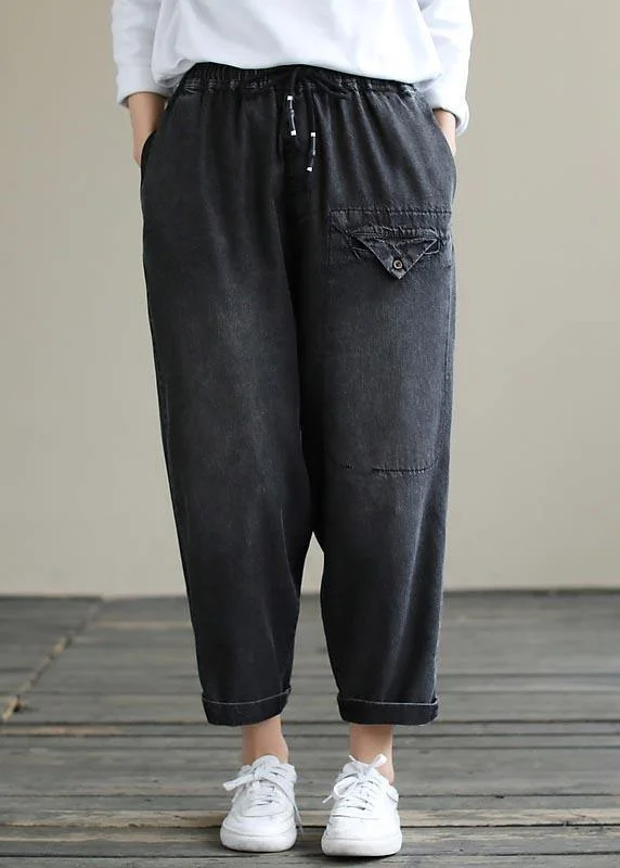 Organic Spring Casual Pants Denim Black Fabrics Cinched Pants