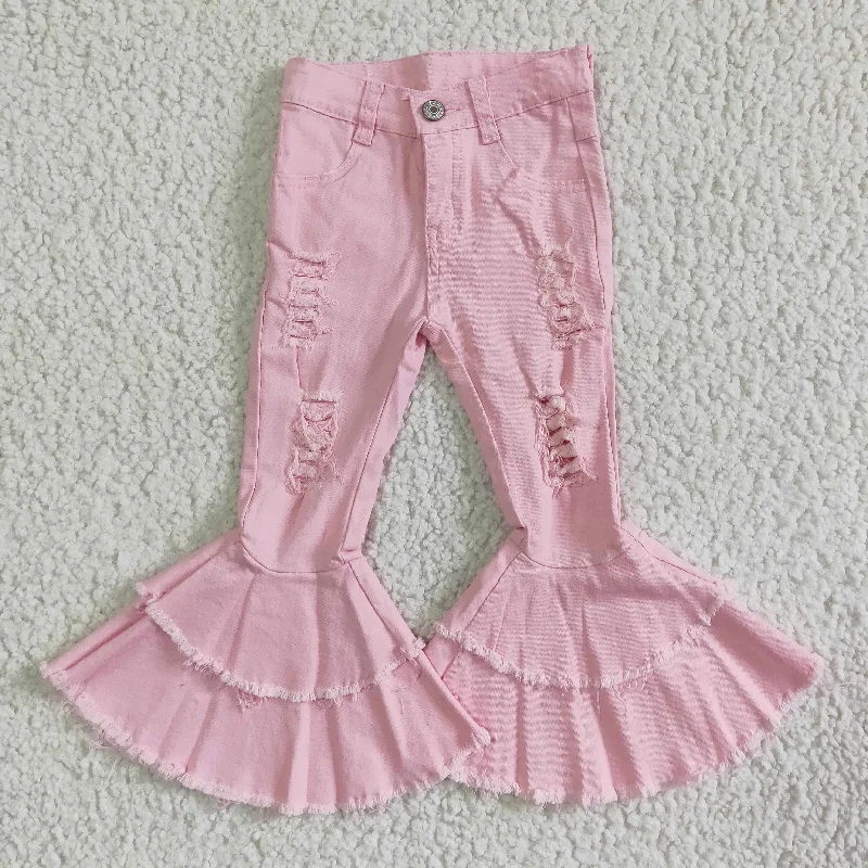 girl pink high quality ripped jeans with button