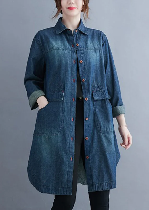 Classy Blue Peter Pan Collar Pockets Denim Coats Long Sleeve