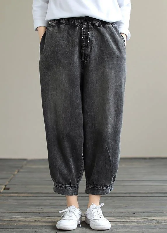 Modern Spring Wide Leg Pants Trendy Plus Size Denim Gray Sewing Elastic Waist Pockets Jeans