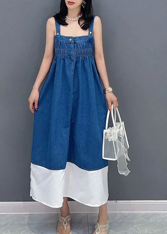 Brief Denim Blue Slash Neck Patchwork Cinched Button Maxi Dress Summer