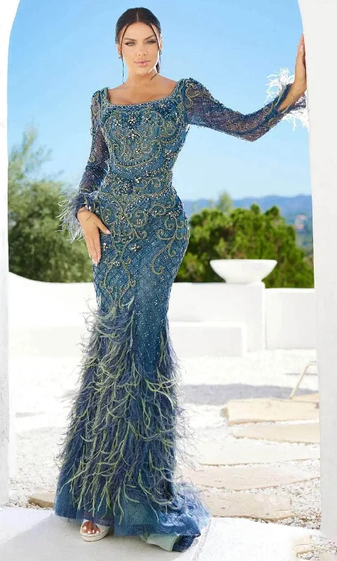 Terani Couture 241GL2646 - Long Sleeve Feather Detailed Evening Dress