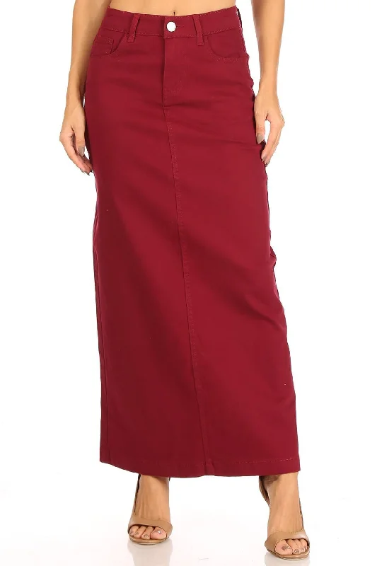 Ava Long Color Denim Skirt in Wine