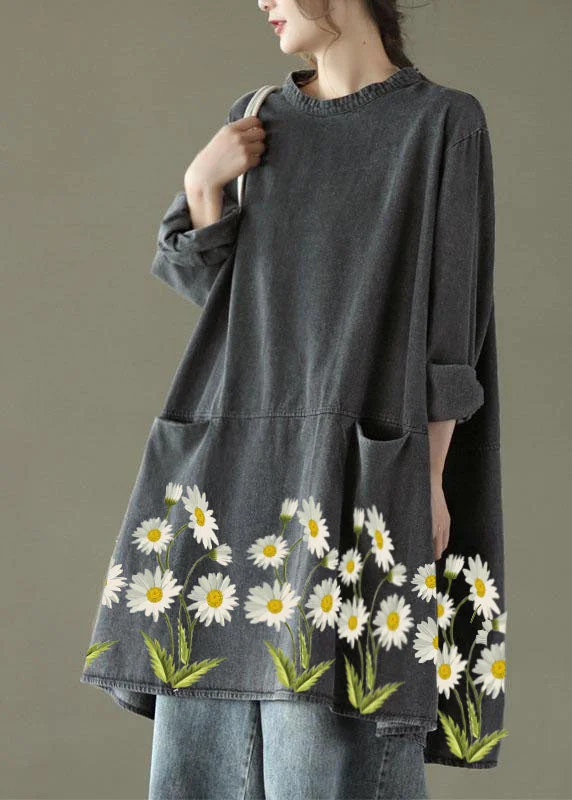 Boho Black Grey-yellow flower O-Neck Pockets Denim Long Dresses Long Sleeve