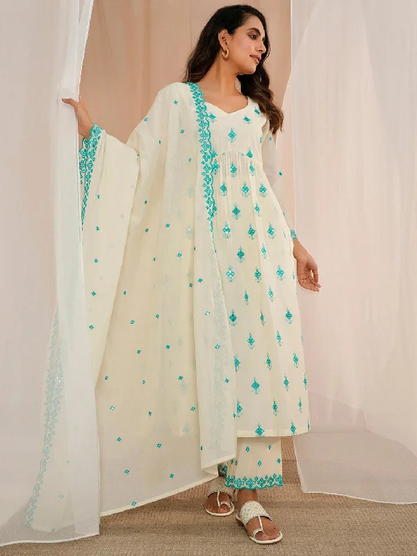 Off White Embroidered Cotton Anarkali Suit With Dupatta