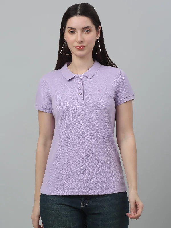 Women's Casual Regular Short Sleeve Lavender Polo neck  T-Shirt