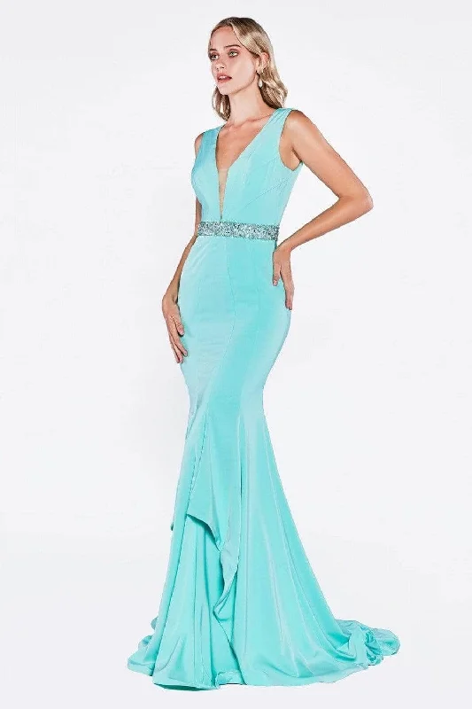 Ladivine P107 - Deep V-Neck Beaded Accents Evening Gown