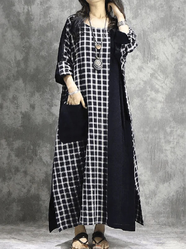 Plaid Patchwork round Neck Long Sleeve Casual Maxi Dress