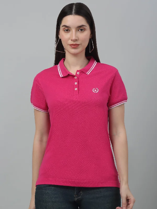 Women's Casual Regular Short Sleeve Dark Pink Polo neck  T-Shirt