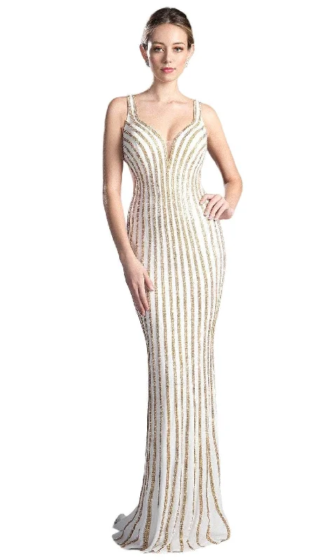 Ladivine KC19017 - Gold V-Neck with Beaded Embellishments Prom Dress