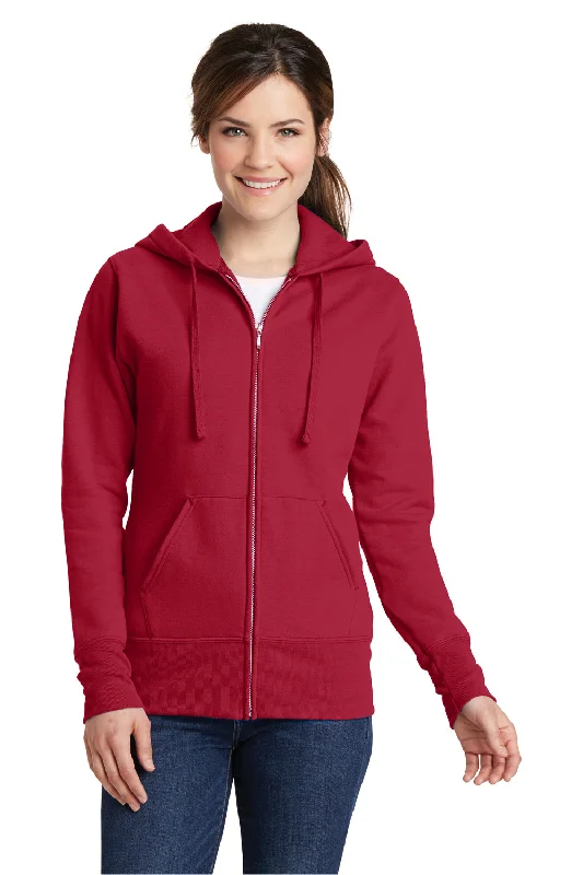 Port & Company Womens Core Pill Resistant Fleece Full Zip Hooded Sweatshirt Hoodie w/ Pockets - Red - Closeout