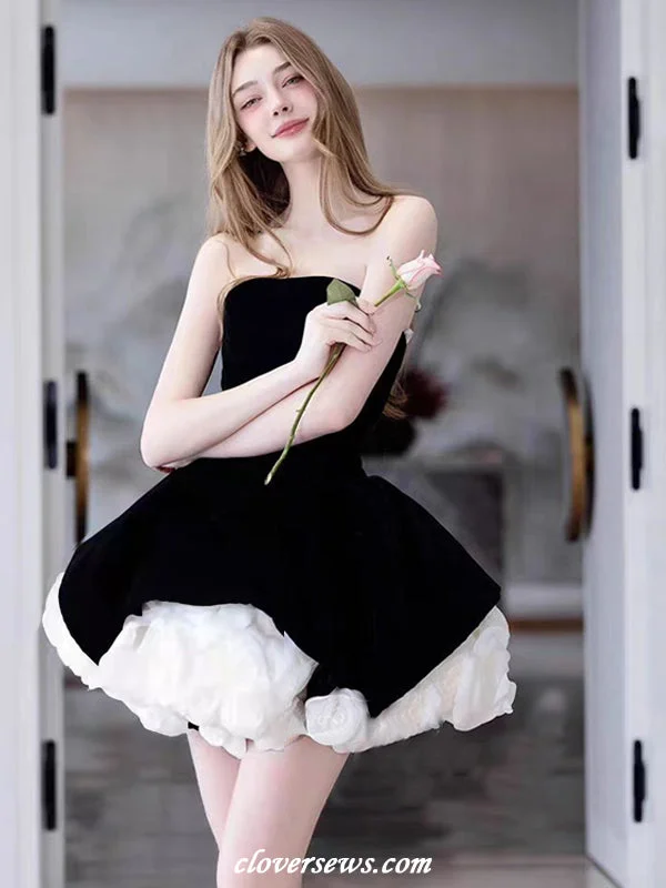 Black Velvet White Rose Flowers Strapless Mini Party Homecoming Dresses, CH0080