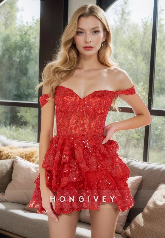 Sexy Lace A-Line Off-Shoulder Empire Tiered Party Evening Homecoming Dress