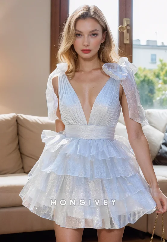 Tulle A-Line V-Neck Bowknot Spaghetti Straps Tiered Party/Homecoming Dress