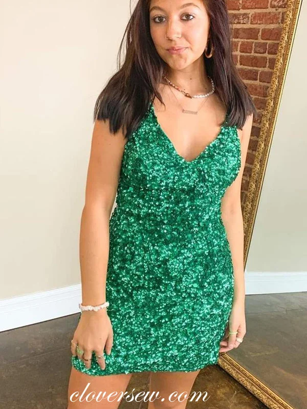 Green Sequin Open Back Sheath Mini Party Dressea, CH0047