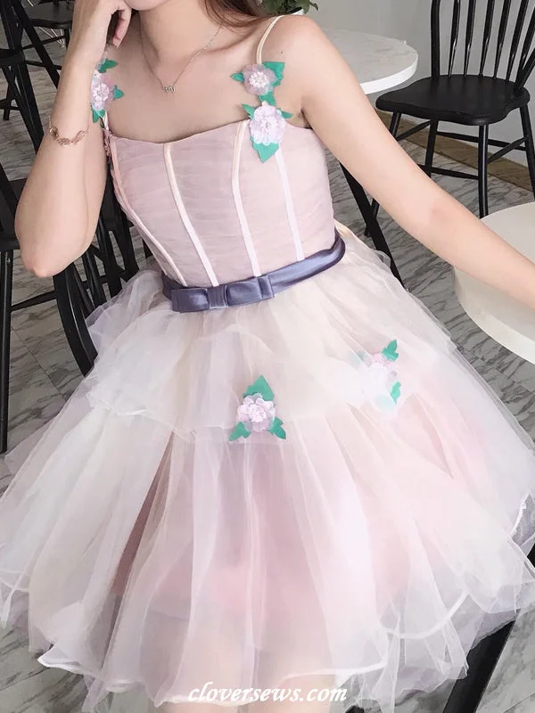 Light Pink Tulle Handmade Flower Applique Elegant Short Princess Hoco Dresses, CH0085