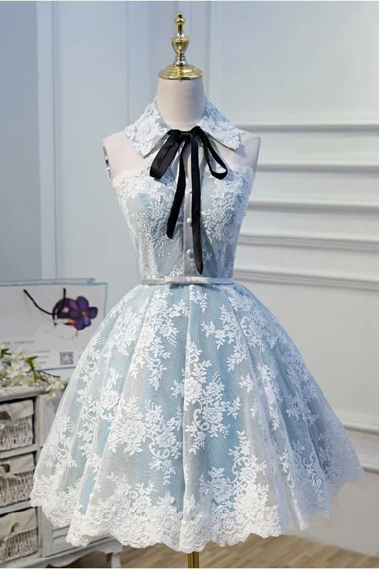 Light Sky Blue Halter Homecoming Dress with Lace Appliques, Cute Short Formal Dress M1733