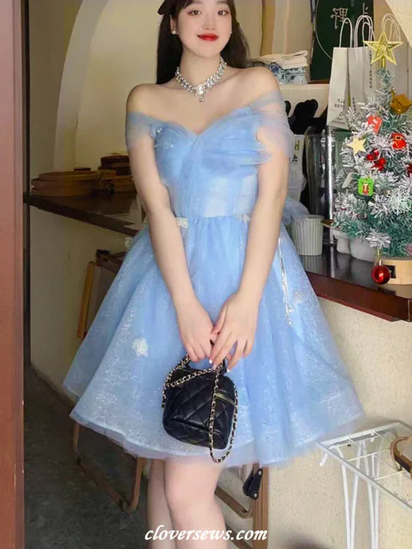 Pale Blue Glitter Tulle Off The Shoulder Butterfly Applique Short Hoco Dresses, CH0088