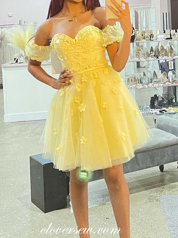 Soft Yellow 3D Handmade Flowers Off The Shoulder Short Birthday Party Dresses, CH0053