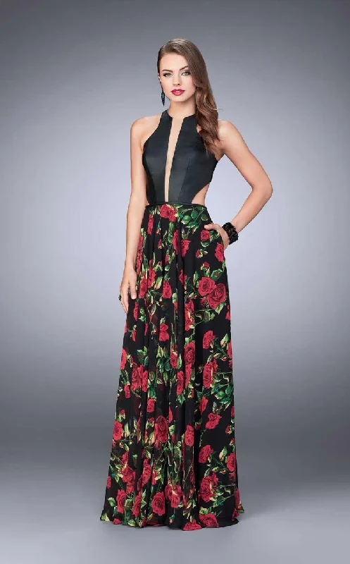 La Femme - 24273 Enthralling Halter Floral Print A-Line Long Evening Gown